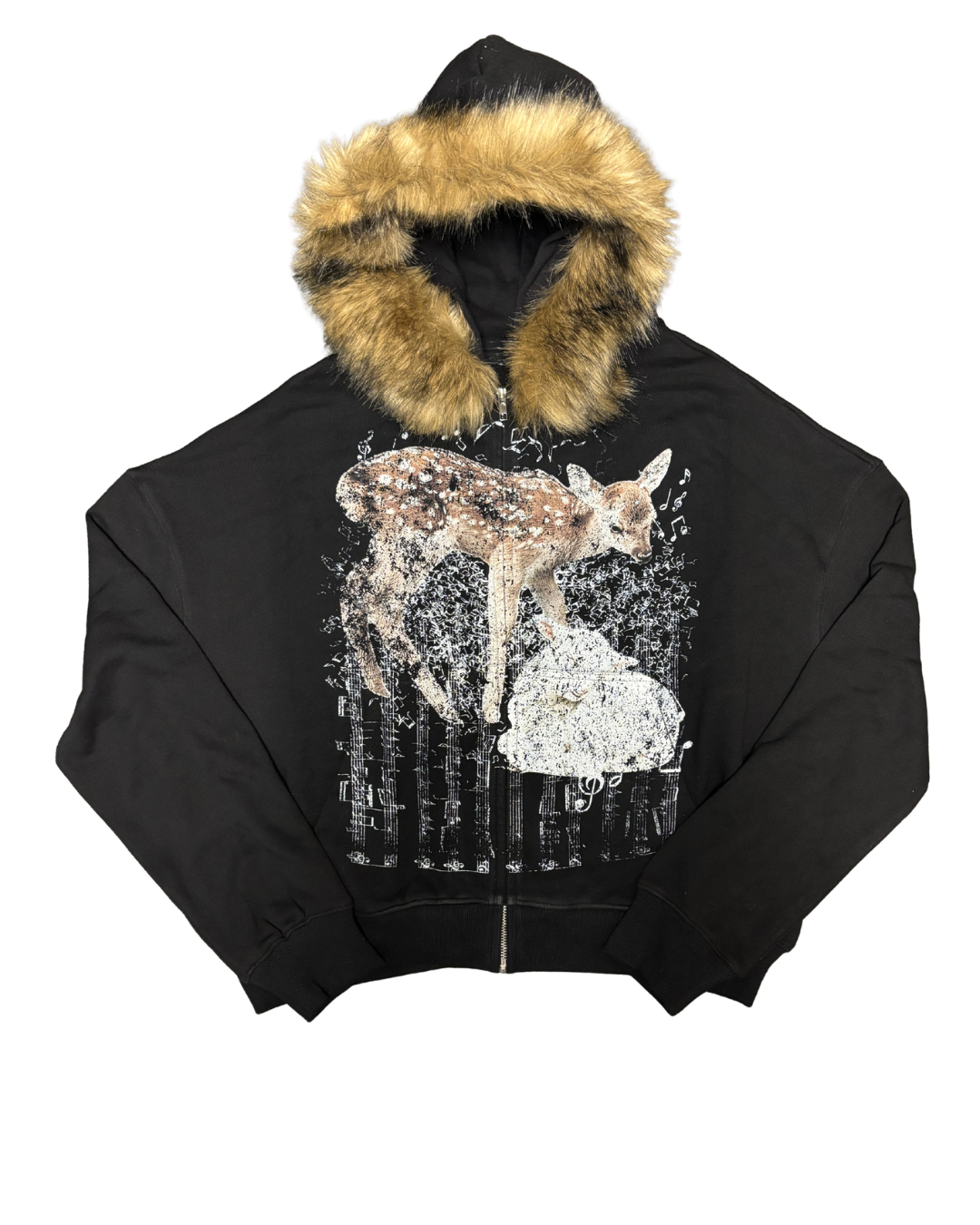 Detachable Fur Cropped "Lamb & Deer" Zipup